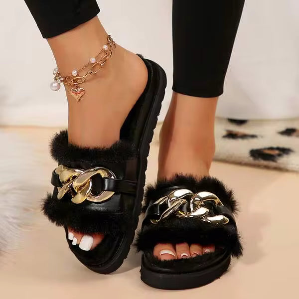 Open Toe Furry Sandals For Women - Fluffy & Winter-Ready Design